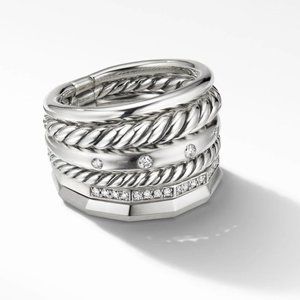David Yurman Stax Six Row Ring Sterling Silver Pavé Diamonds $1300 Retail - Sz 9